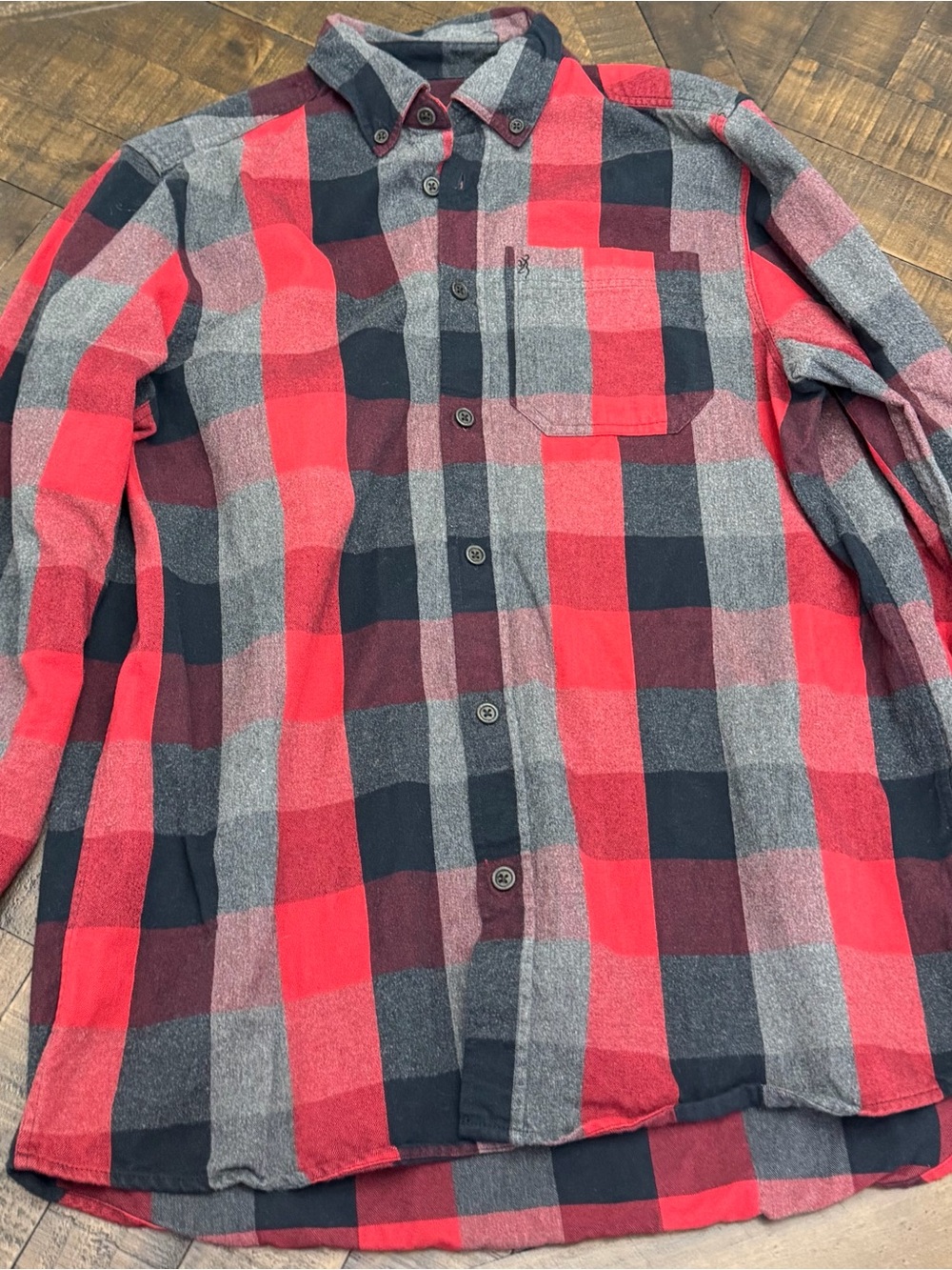 Browning Red Black Gray Plaid Button-Down Shirt with Chest Pocket
